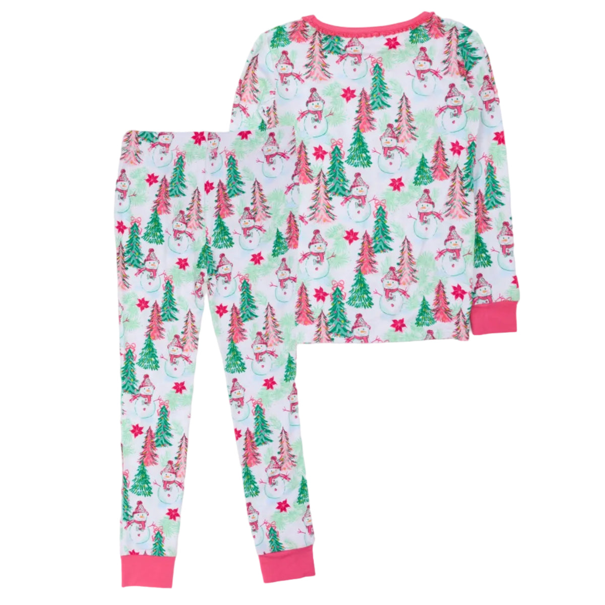 A two-piece children's pajama set featuring a festive Christmas print with snowmen, evergreen trees, and red stars on a white background, with solid pink ribbed cuffs and collar.