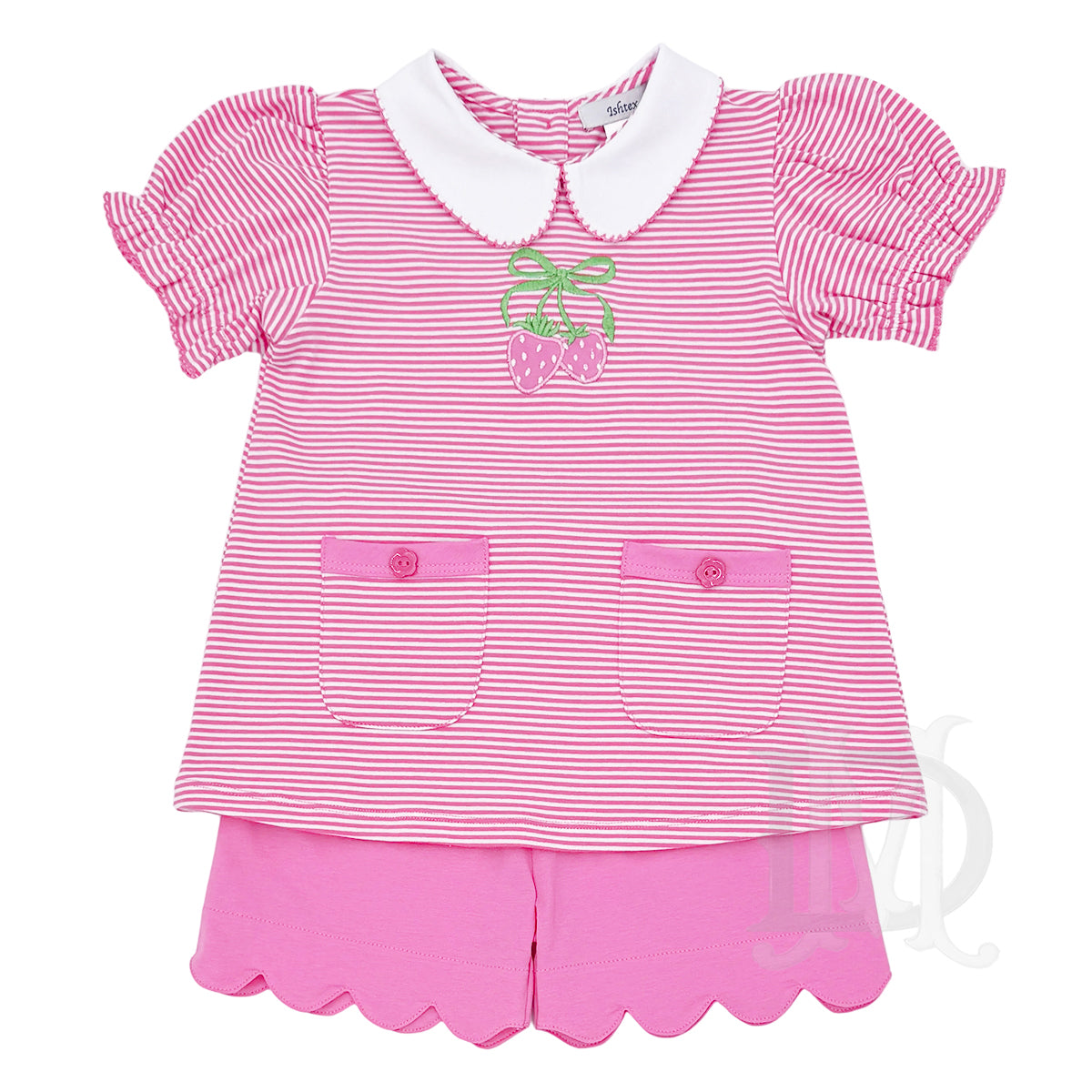 Pink and white striped shirt with an appliqued strawberry design, front pockets, a white peter pan collar, and matching pink scalloped shorts.