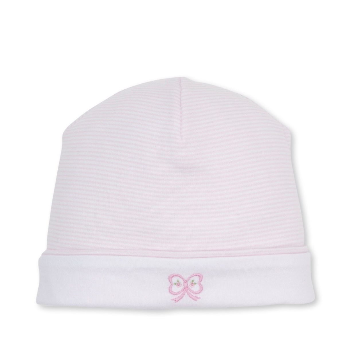 A light pink and white striped knit baby beanie hat with a white folded cuff and a pink bow embroidered on the front.