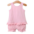 Toddler girls light pink striped sleeveless bloomer set with ruffles.