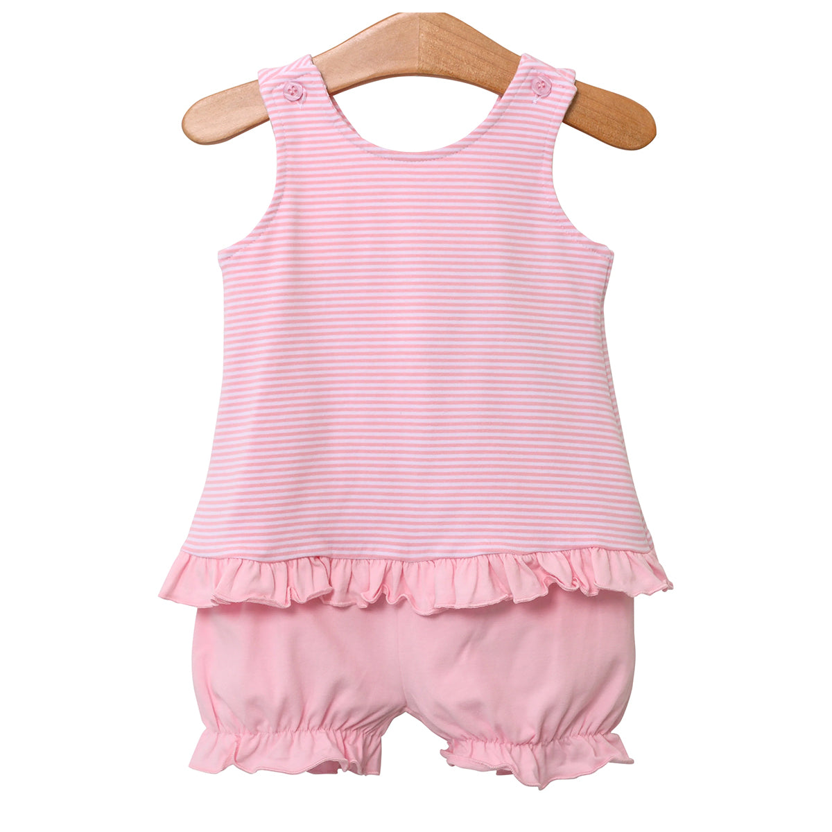 Toddler girls light pink striped sleeveless bloomer set with ruffles.