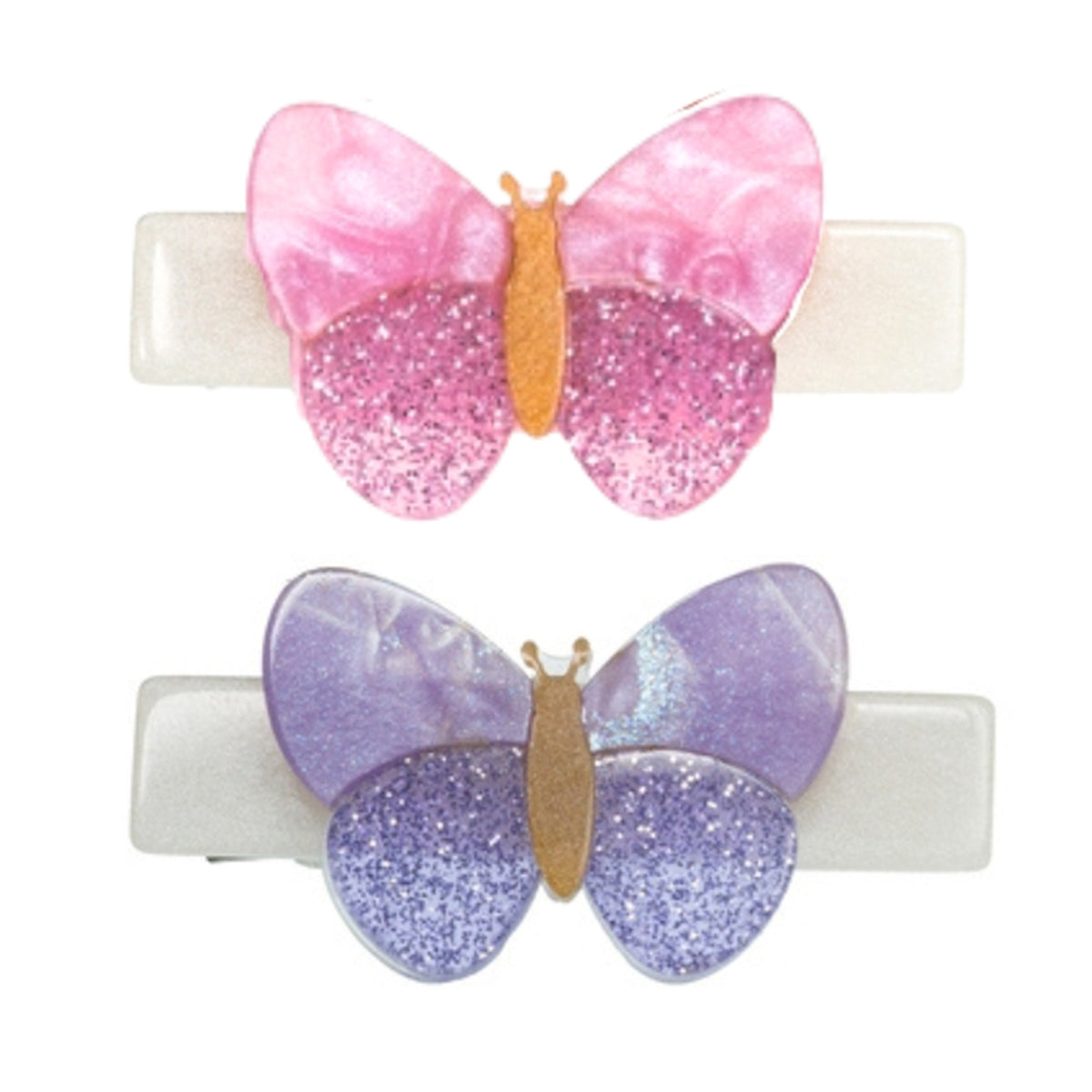 Two butterfly-shaped acrylic hair clips for little girls with pink and purple glitter