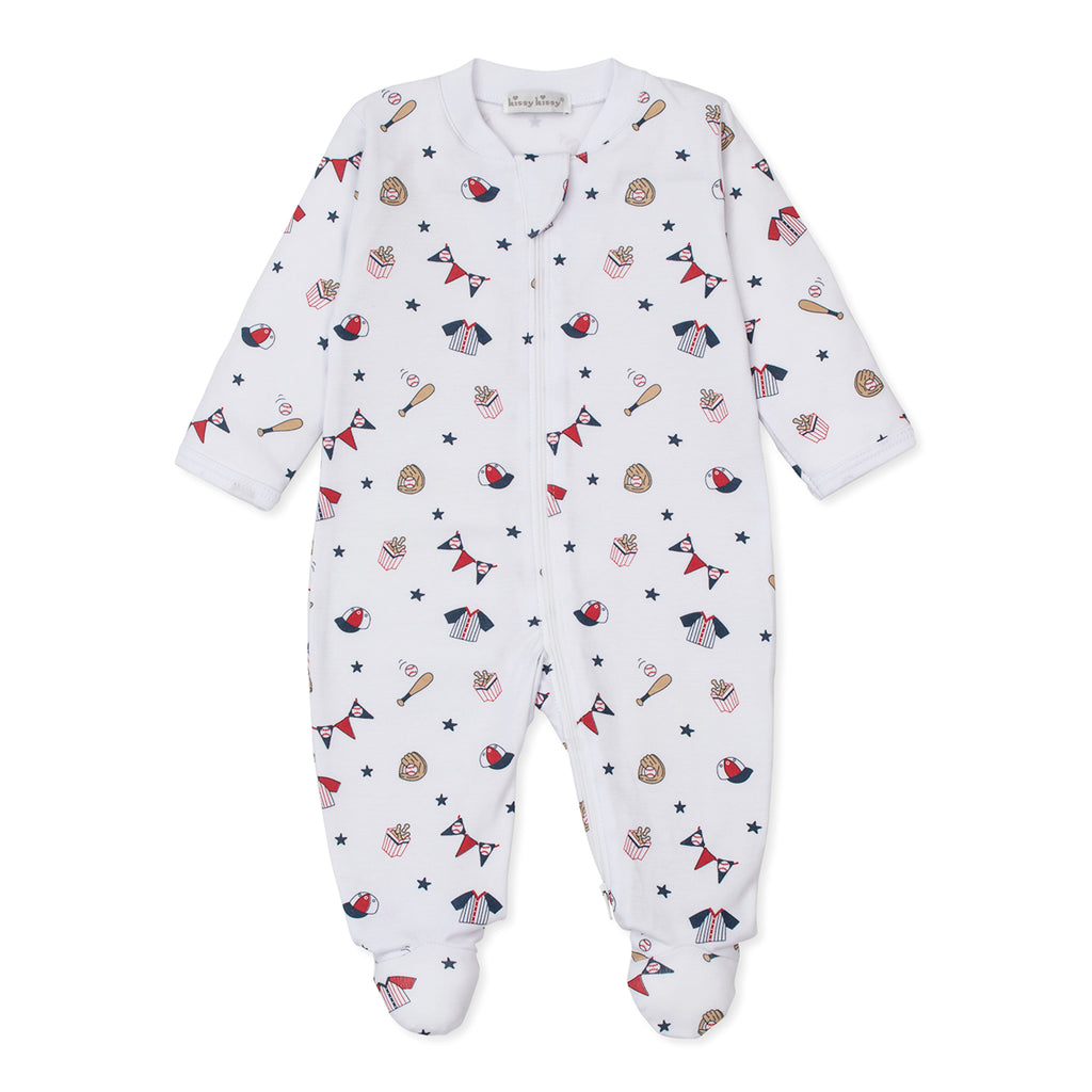 Baby boy zip front footie with a baseball print pattern and Kissy Kissy brand label