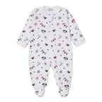 Baby boy zip front footie with a baseball print pattern and Kissy Kissy brand label
