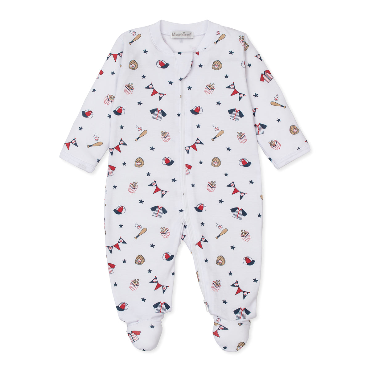 Baby boy zip front footie with a baseball print pattern and Kissy Kissy brand label