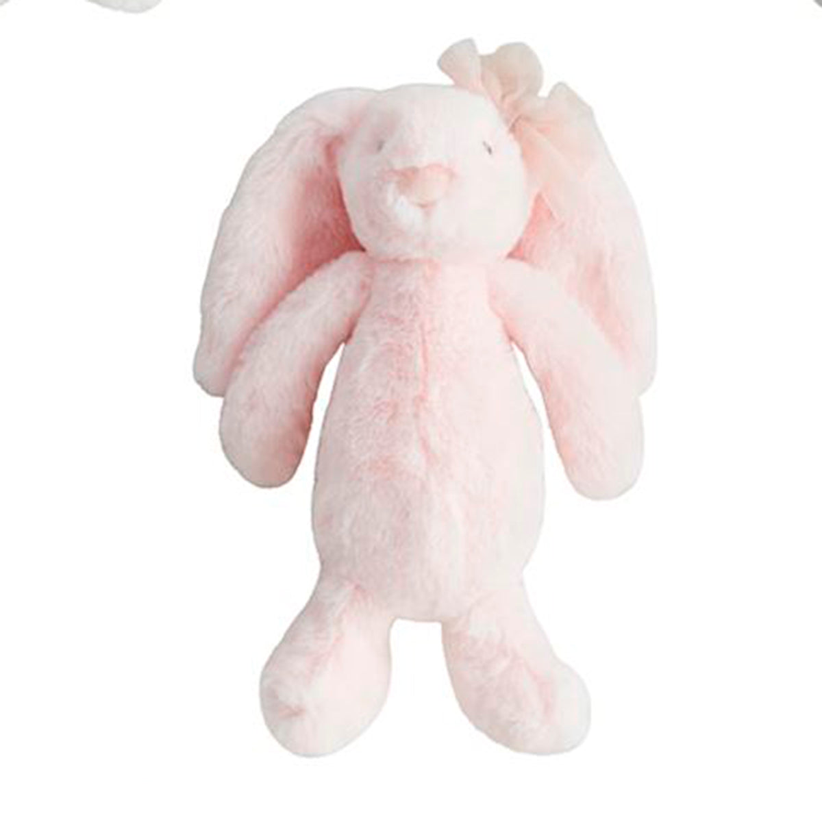 Blush pink plush bunny rabbit baby toy with a pink tulle bow