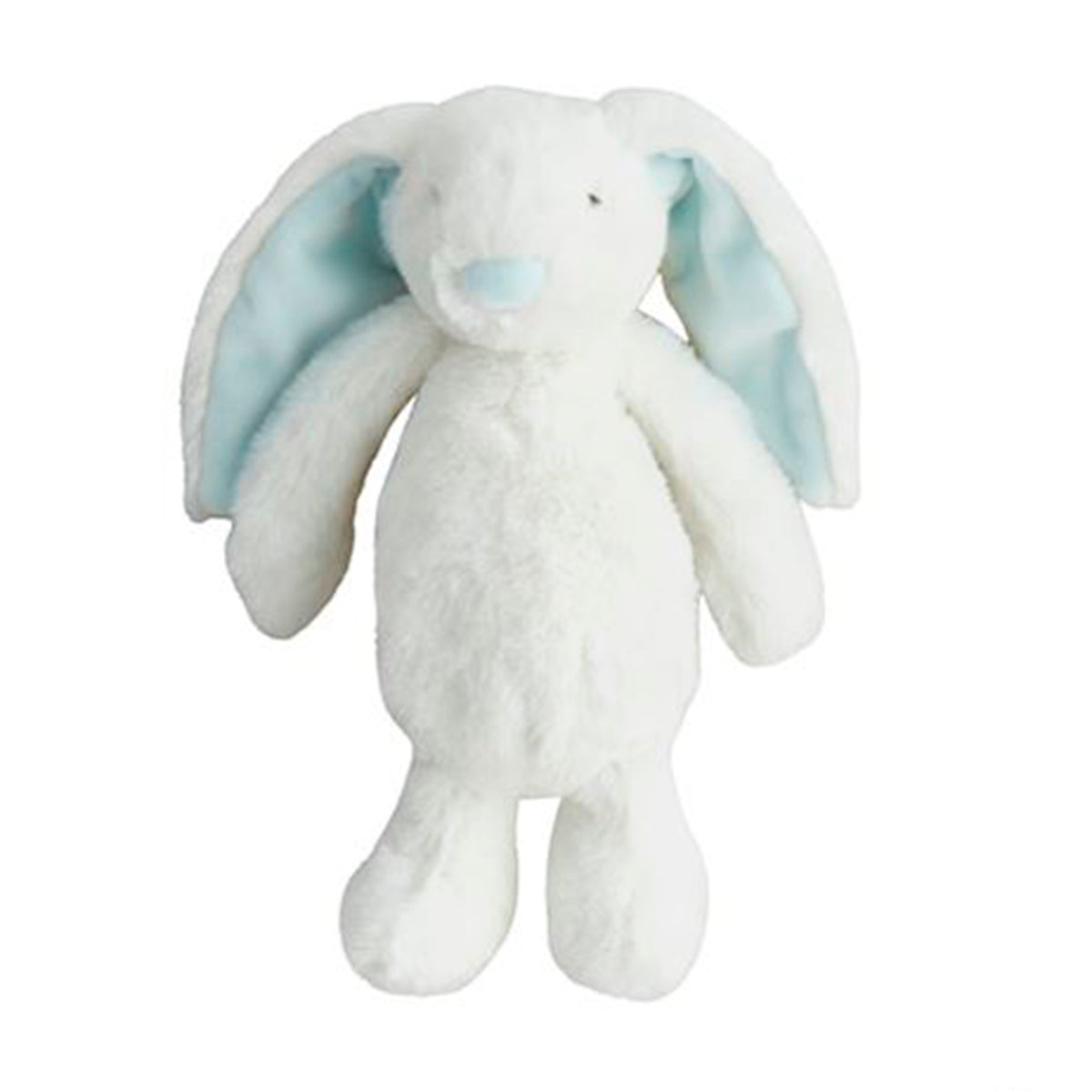 White plush bunny rabbit baby toy with light blue floppu ears and nose