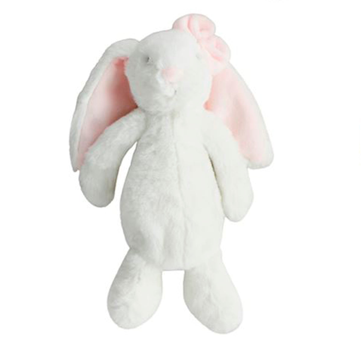 White plush bunny baby toy with pink floppy ears and a bow