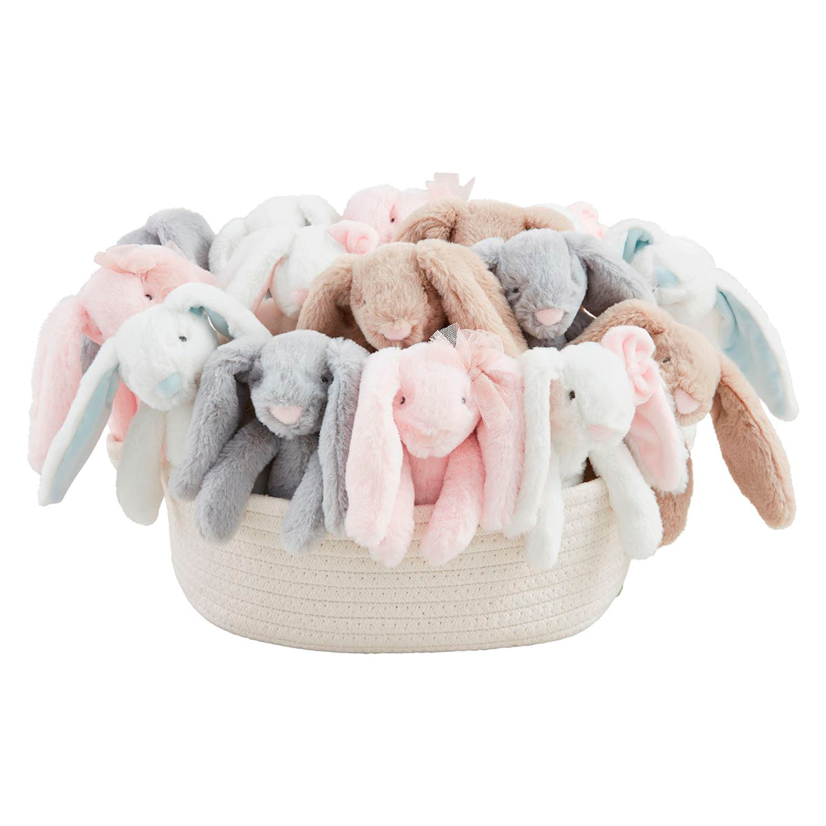 Basket filled with small plush bunny rabbit baby toys in various colors