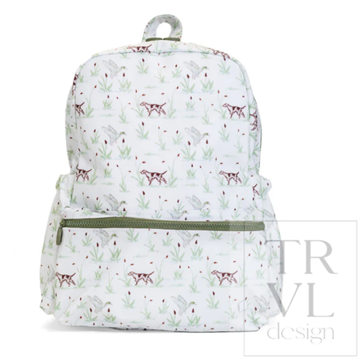 A backpack with an all-over print of brown pointer hunting dogs, cattails, and ducksin flight, featuring an moss green zipper on the front pocket and a matching top handle.