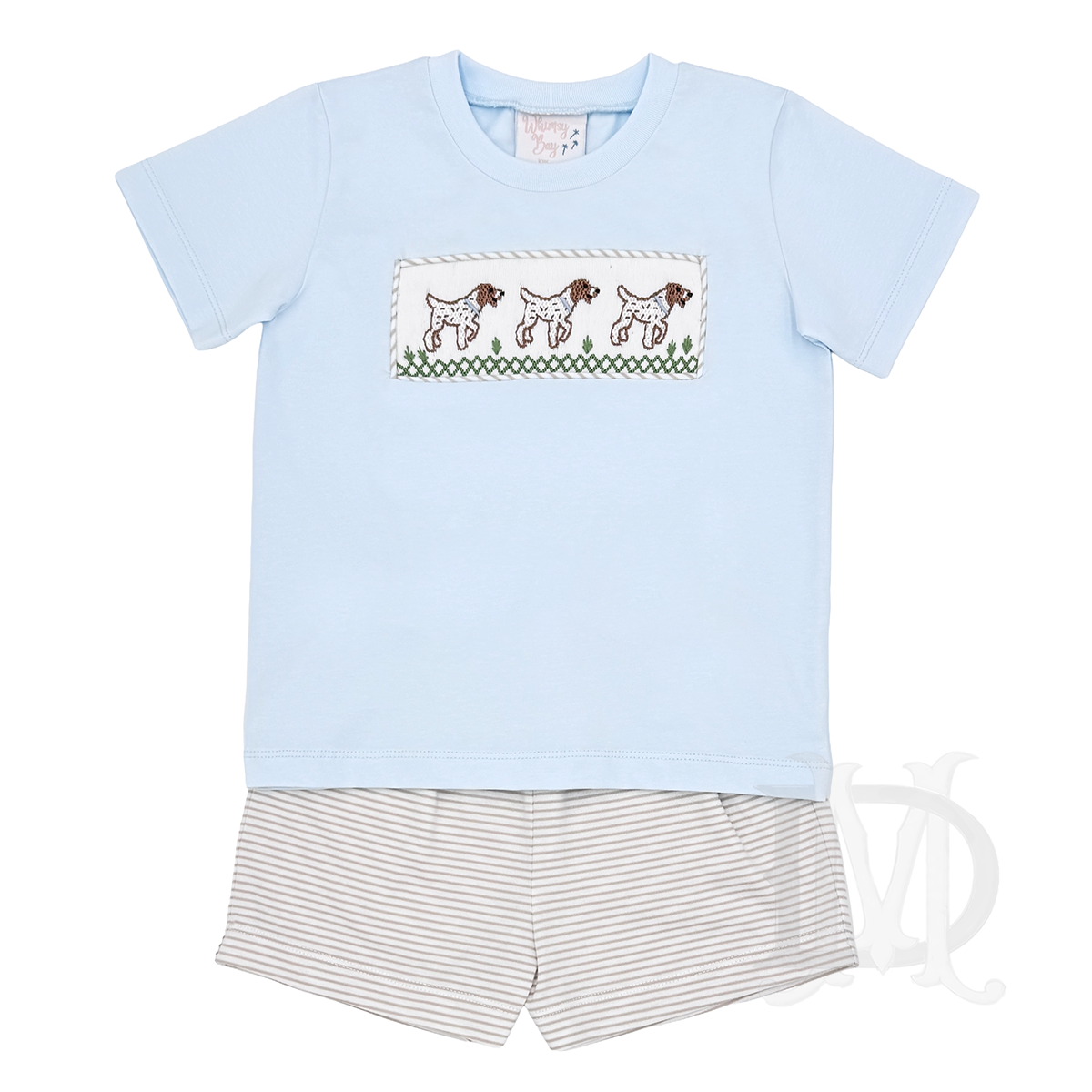 Toddler boy smocked pointer hunting dog blue shirt and khaki stripe shorts outfit