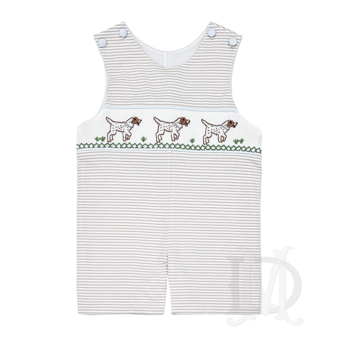 Boys smocked pointer dog khaki stripe jon-jon knit outfit.