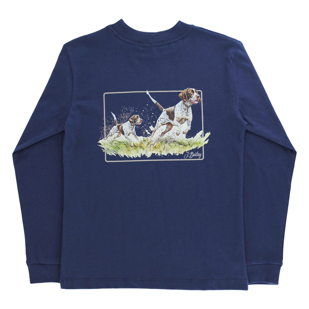 Navy blue long-sleeve shirt with a graphic of two hunting dogs