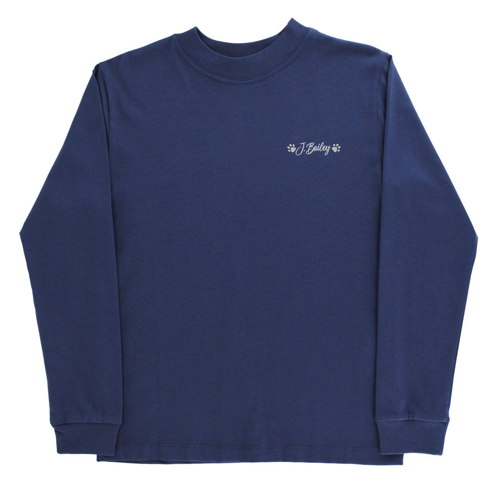 Navy blue long-sleeve shirt with a small paw print J Bailey logo