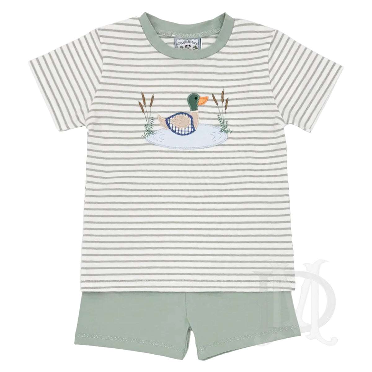 Sage green shorts outfit with a duck on a pond applique and embroidered cattails reeds.