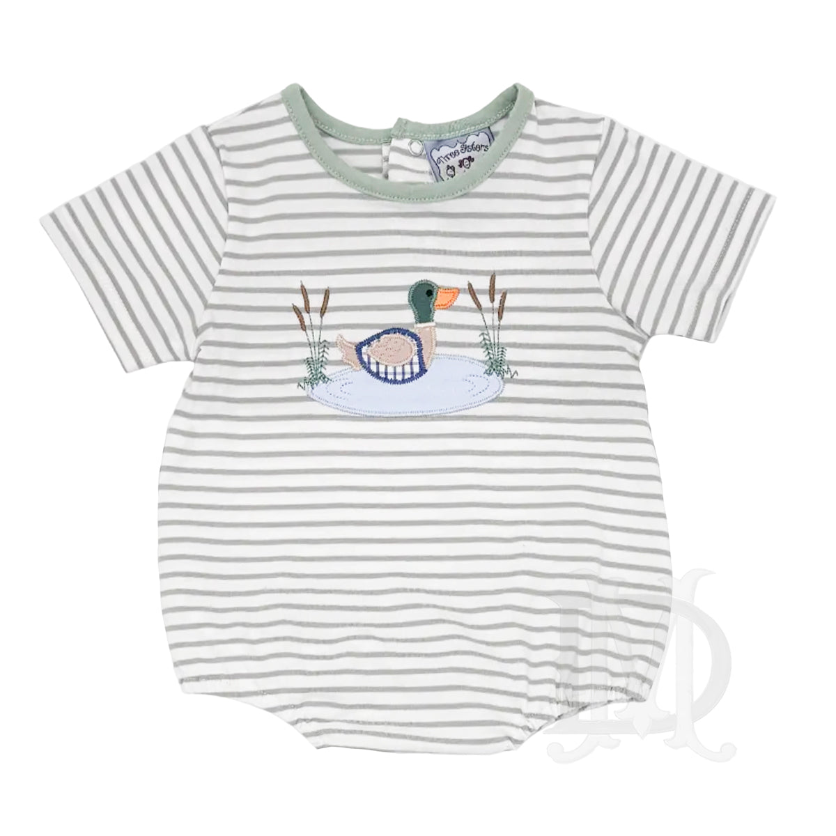 Sage green striped baby boy bubble with a duck on a pond applique and embroidered cattails reeds.