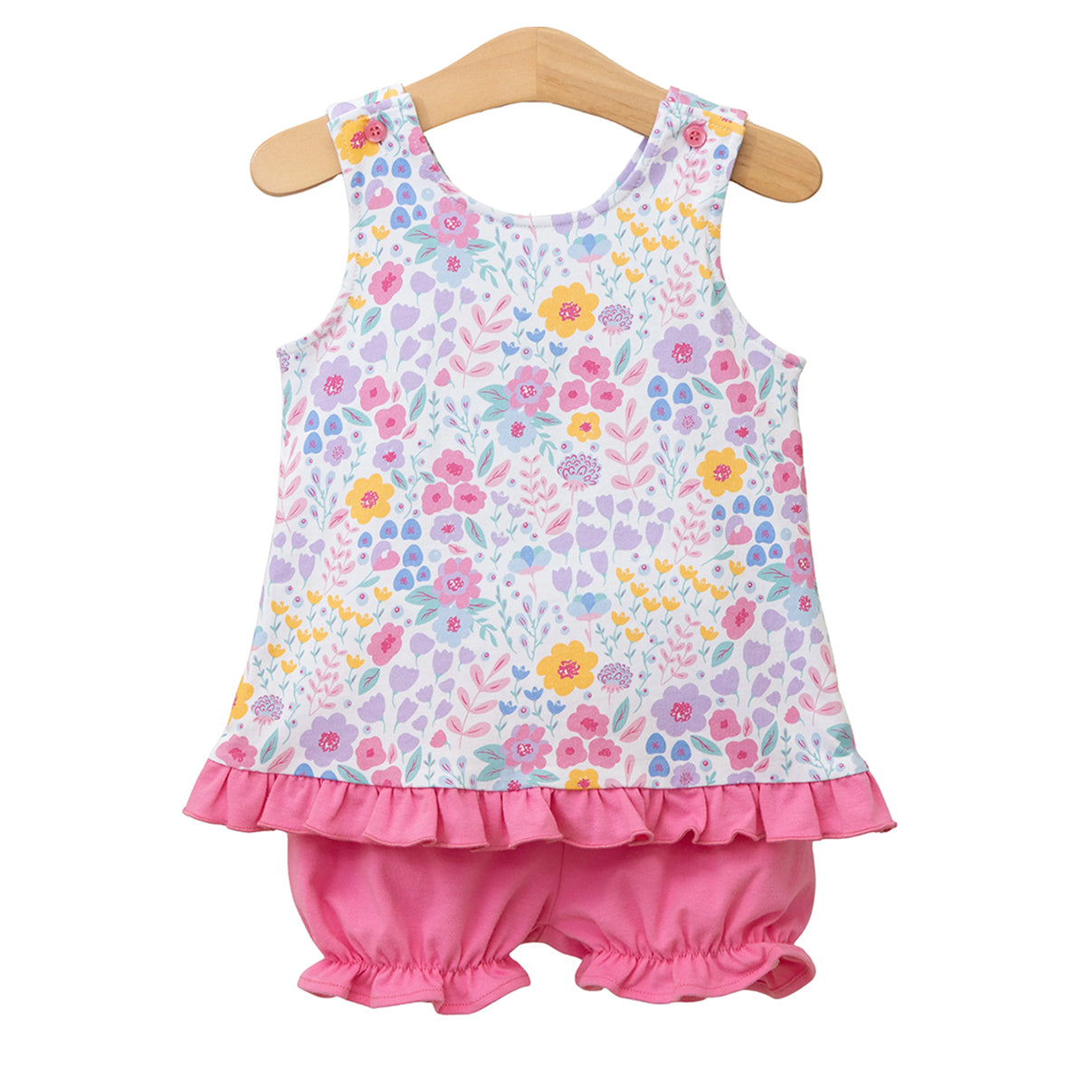 Toddler girl summer floral print and pink bloomer set.