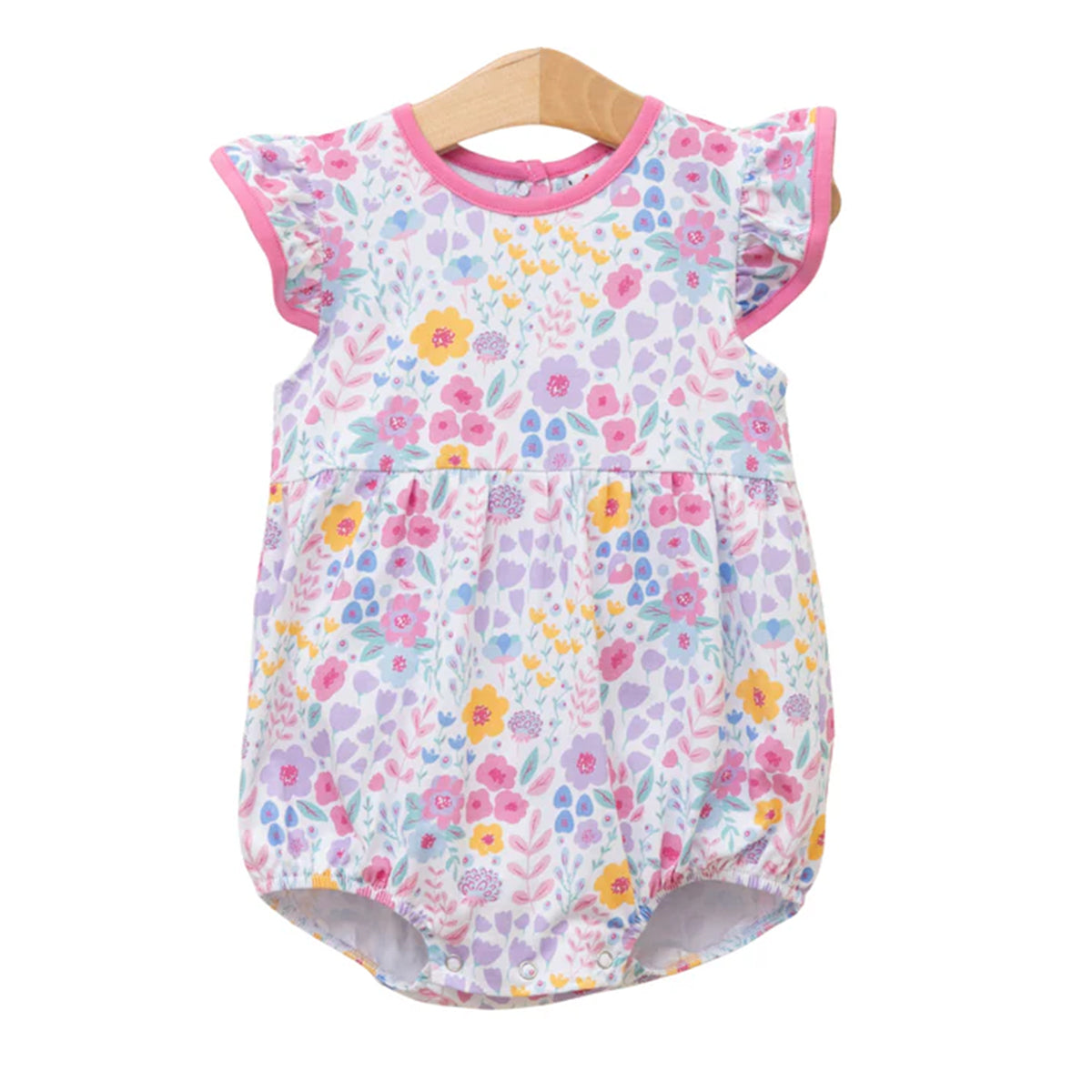 Floral print baby girl's bubble with flutter sleeves and pink trim.