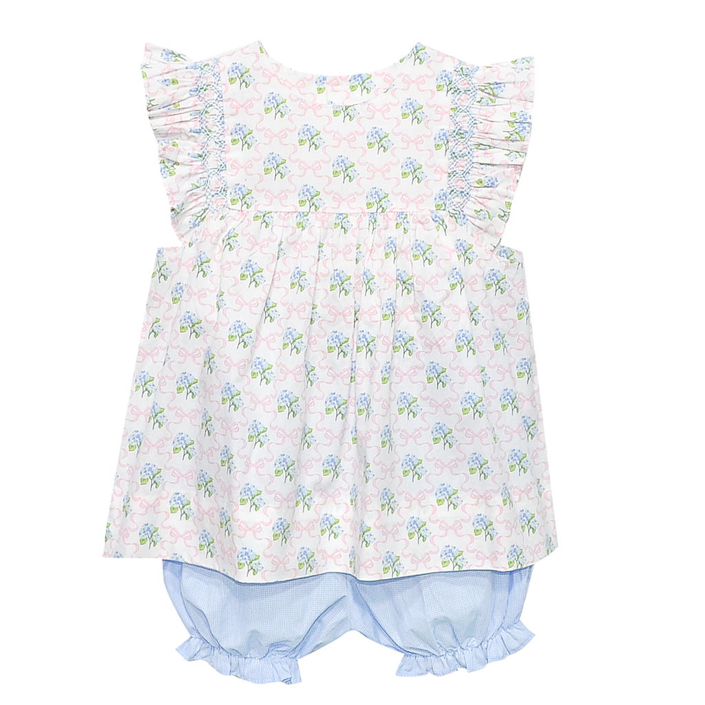 Baby girl bow print flutter sleeve top with blue gingham bloomers