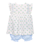 Baby girl bow print flutter sleeve top with blue gingham bloomers