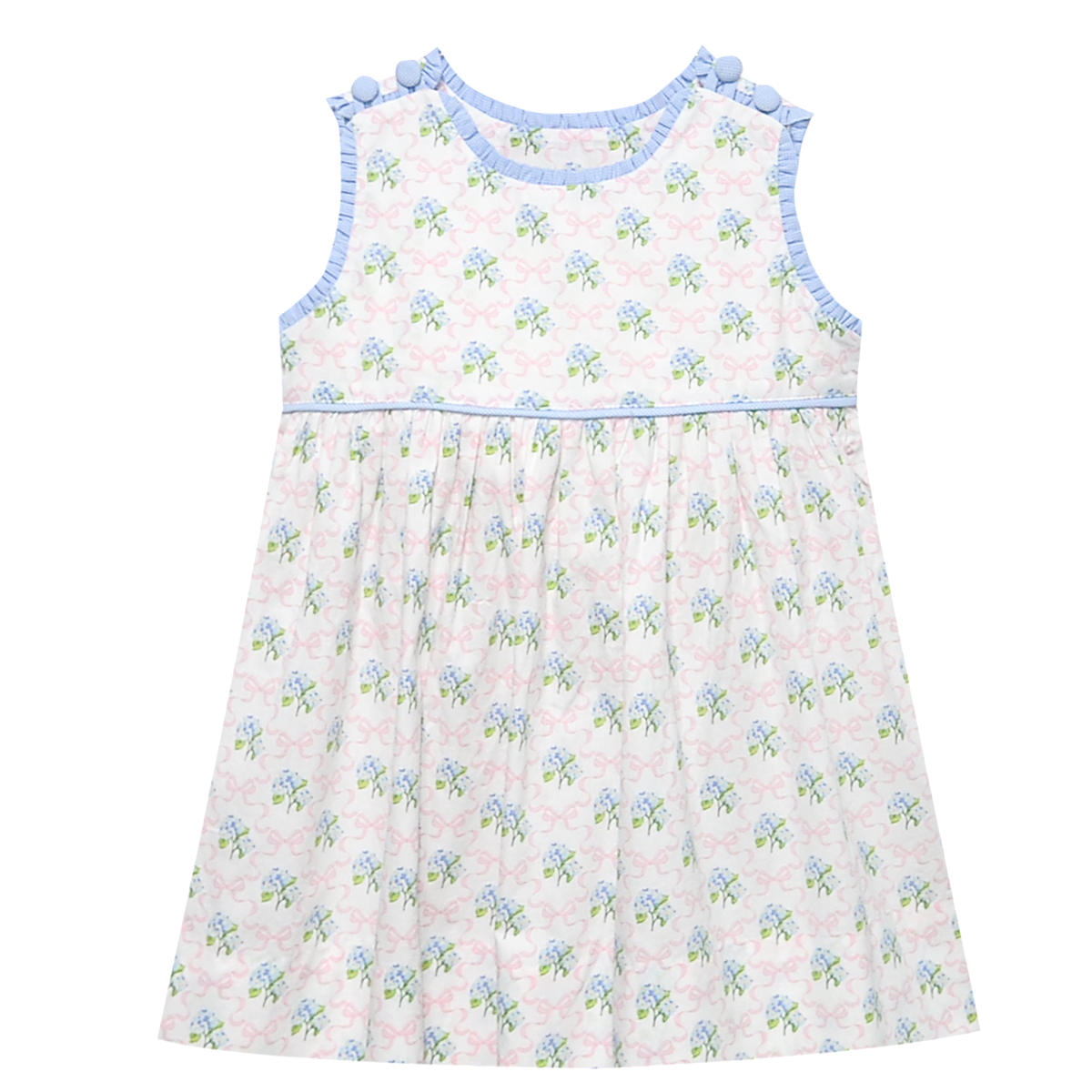 Toddler girl blue bow print sleeveless empire waist dress