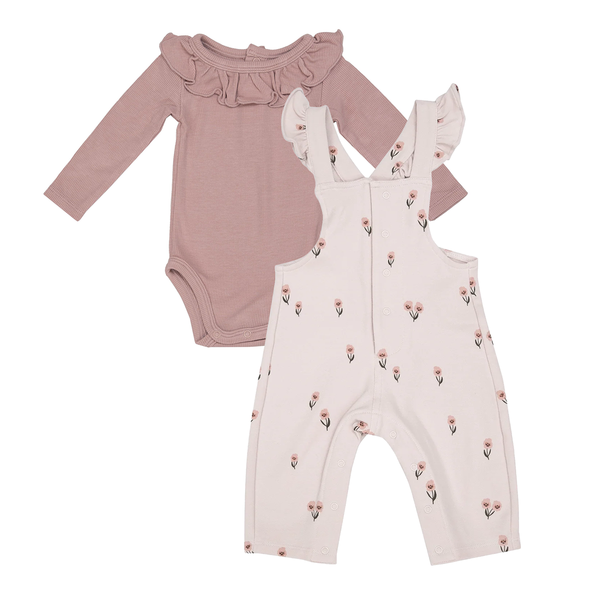 Angel Dear Baby Girl's Floating Floral Ruffled French Terry Overall Set