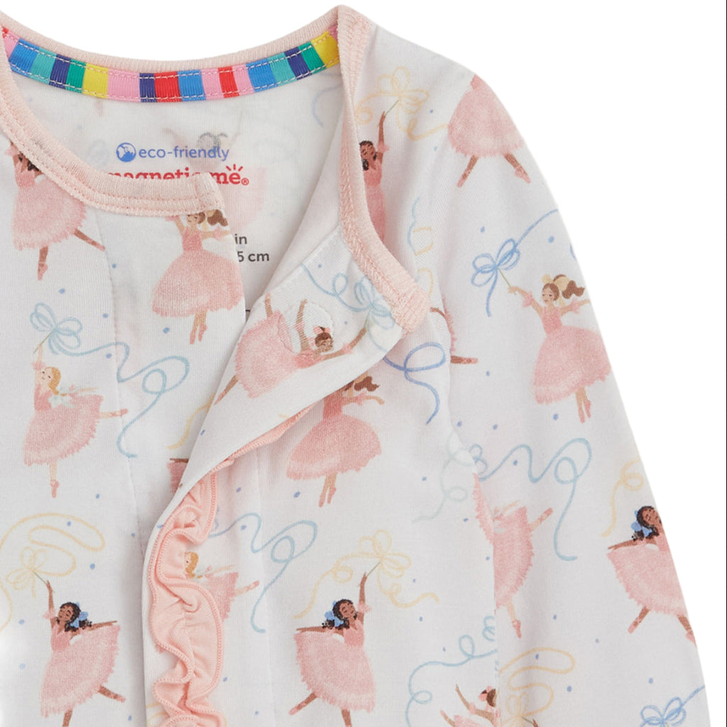 Baby girl's footie with ballerina pattern and pink ruffles