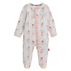 Baby footed sleeper with ballerina print and a pink ruffle