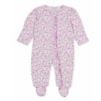 A baby girl pink footed sleeper with a Kissy Kissy brand label, floral print, a ruffle down the zipper front, hot pink trim, and mitten cuffs.