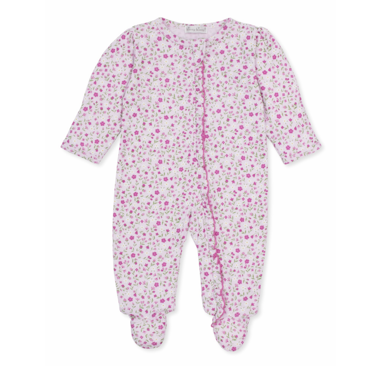 A baby girl pink footed sleeper with a Kissy Kissy brand label, floral print, a ruffle down the zipper front, hot pink trim, and mitten cuffs.
