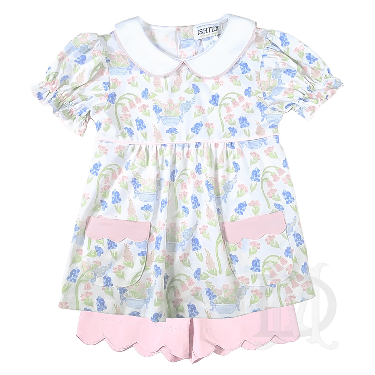 Girls pink and blue floral print knit shorts outfit with scalloped shorts and Peter Pan collar