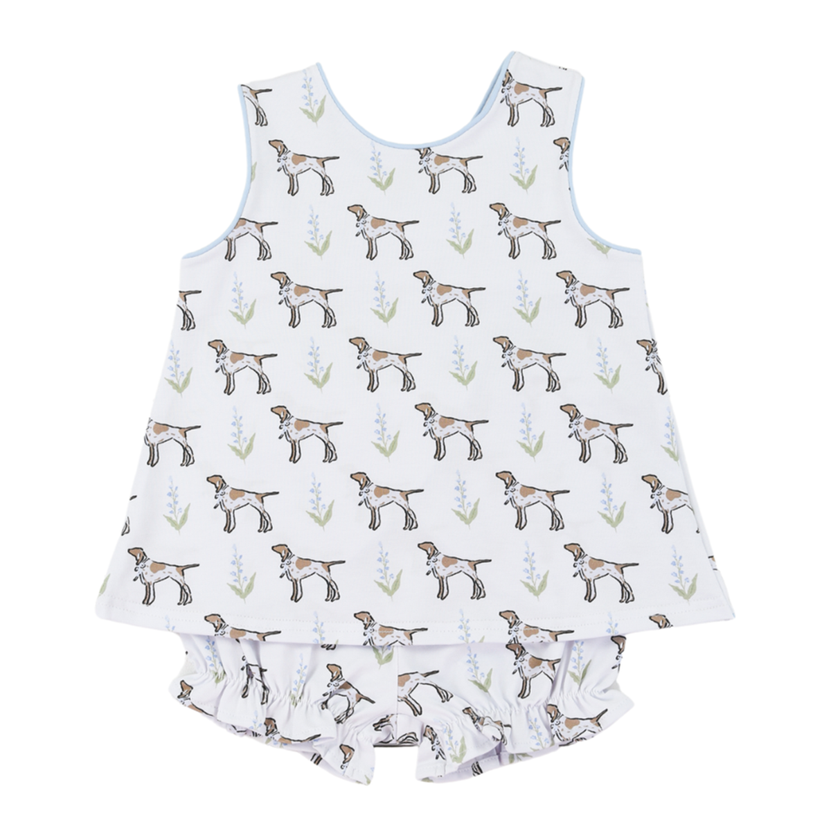Girls bloomer set with a pointer hunting dogs print. 