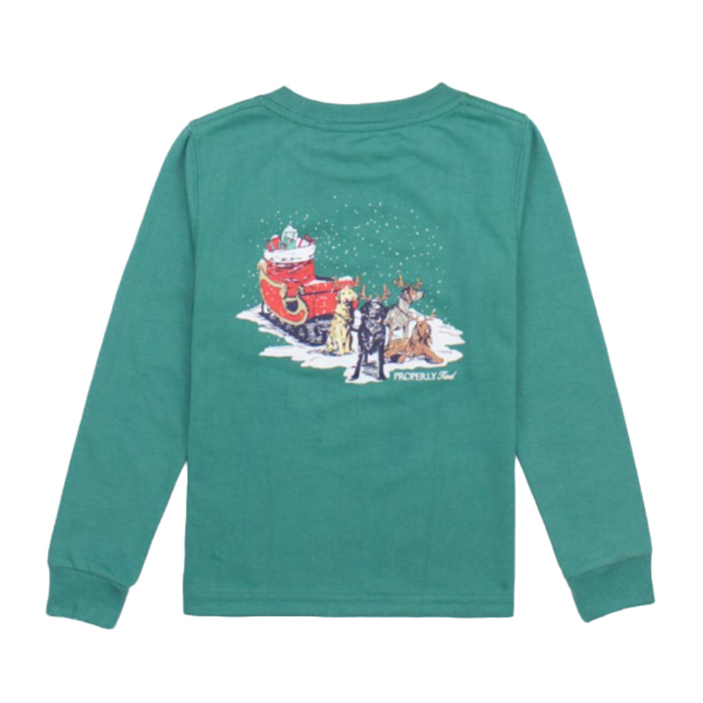 Properly Tied Toddler Boy's Sleigh Dogs on Green Christmas T-Shirt