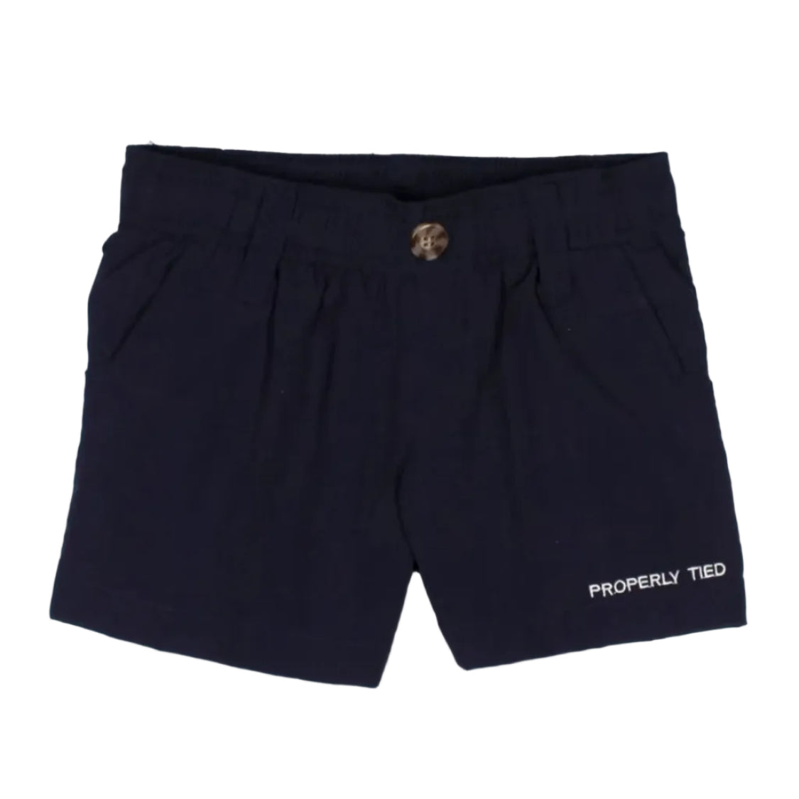 Navy blue boy’s shorts with 'Properly Tied' logo