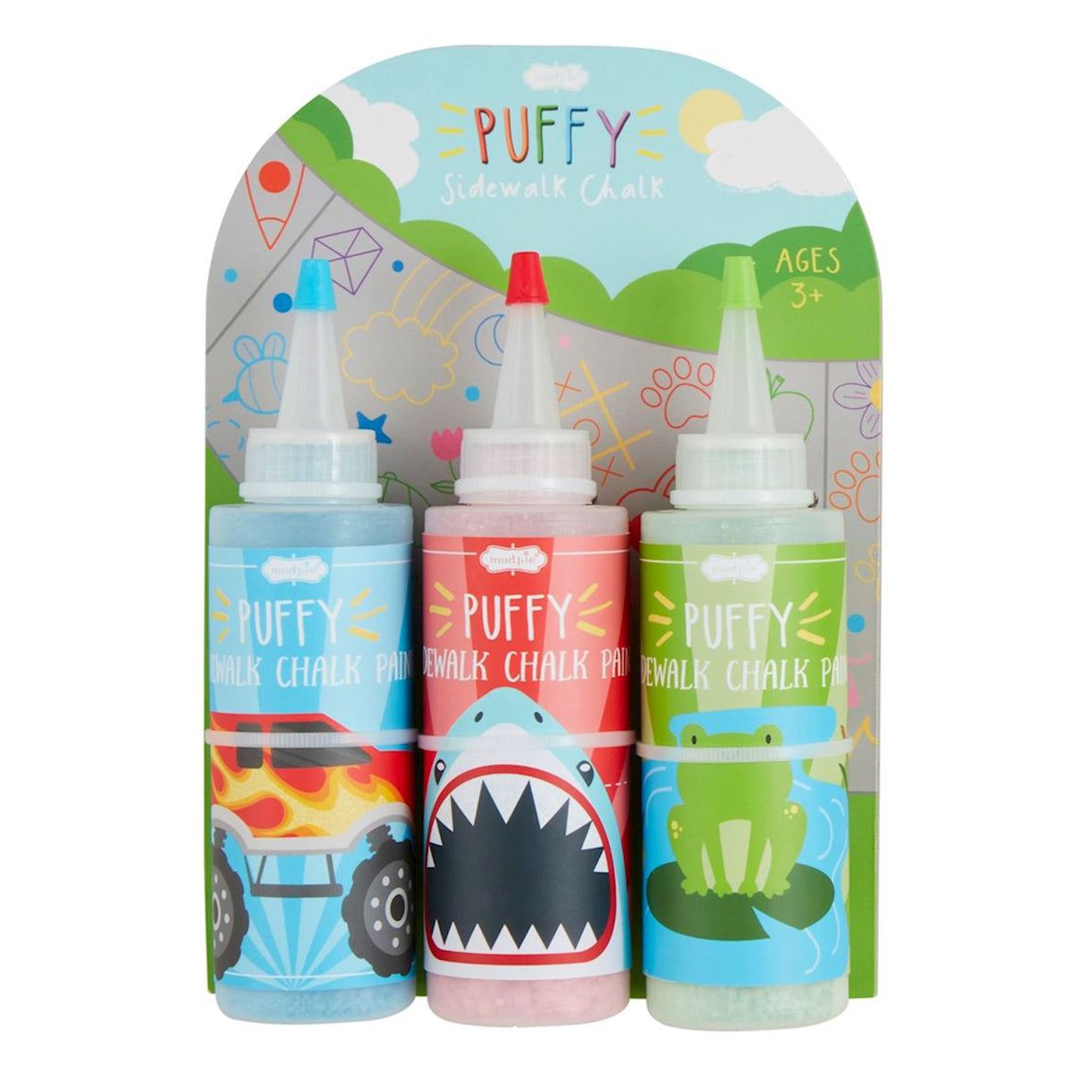 Three bottles of Puffy Sidewalk Chalk Paint with colorful packaging.