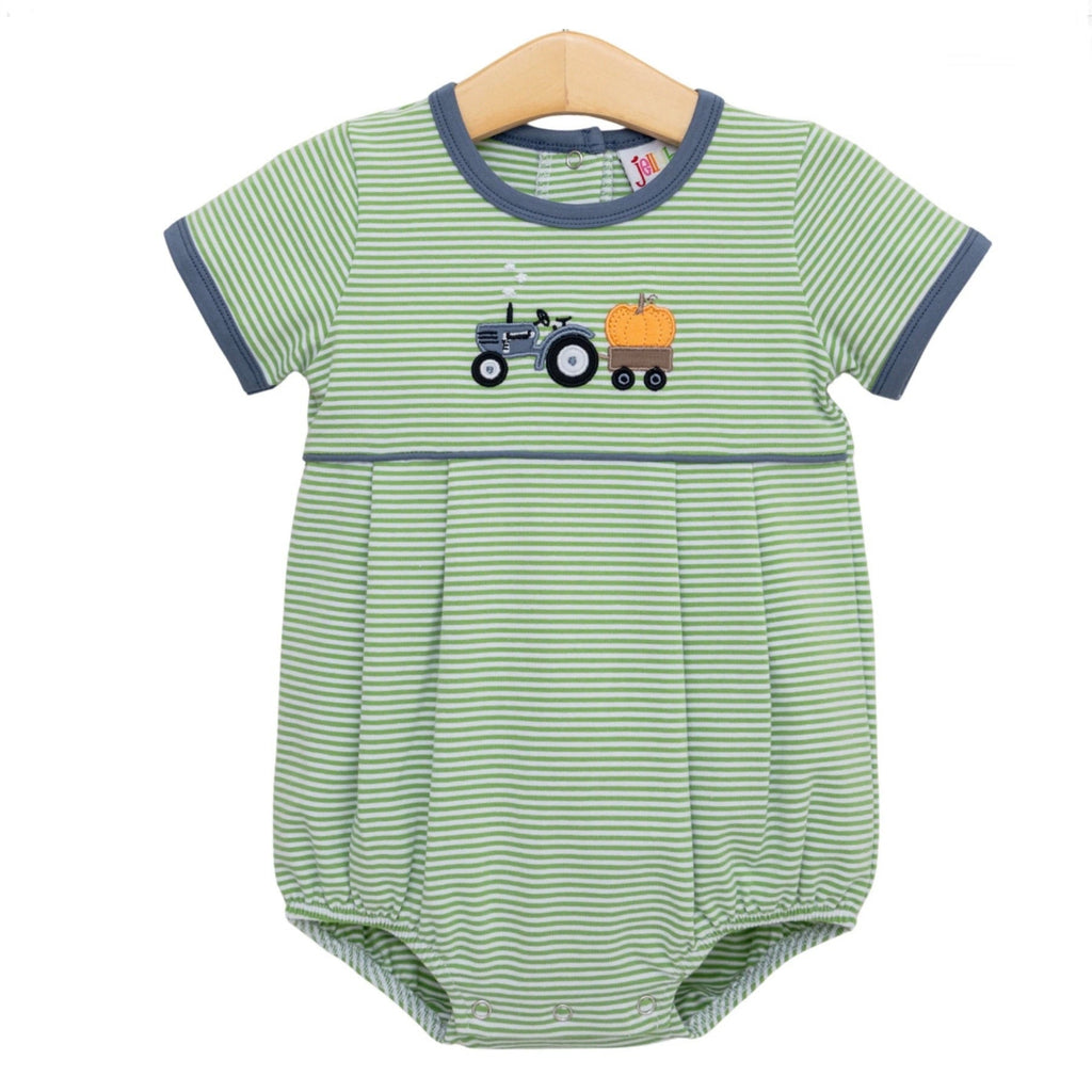 A baby boy's short-sleeve fall bubble in green and white stripes, featuring a steel blue crew neck and cuffs and an appliqued tractor and orange pumpkin design.
