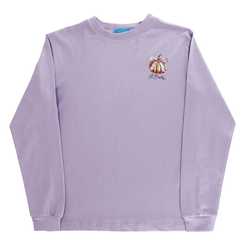 Lavender long-sleeve tee shirt with a small pumpkin graphic