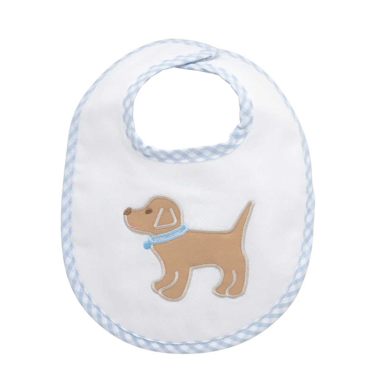 White pique baby bib with blue checkered edge and puppy dog applique