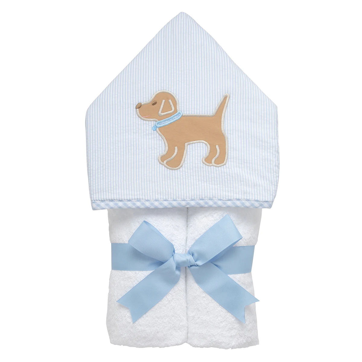 Kids hooded towel with hood and puppy dog applique on a blue stripe seersucker background