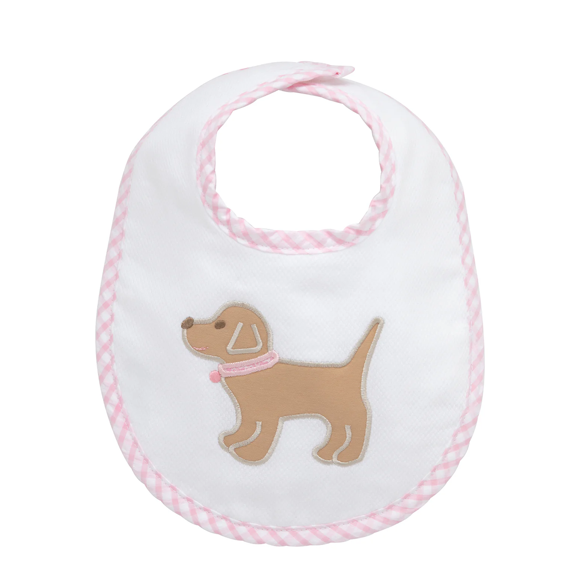 White pique baby bib with pink checkered edge and puppy dog applique