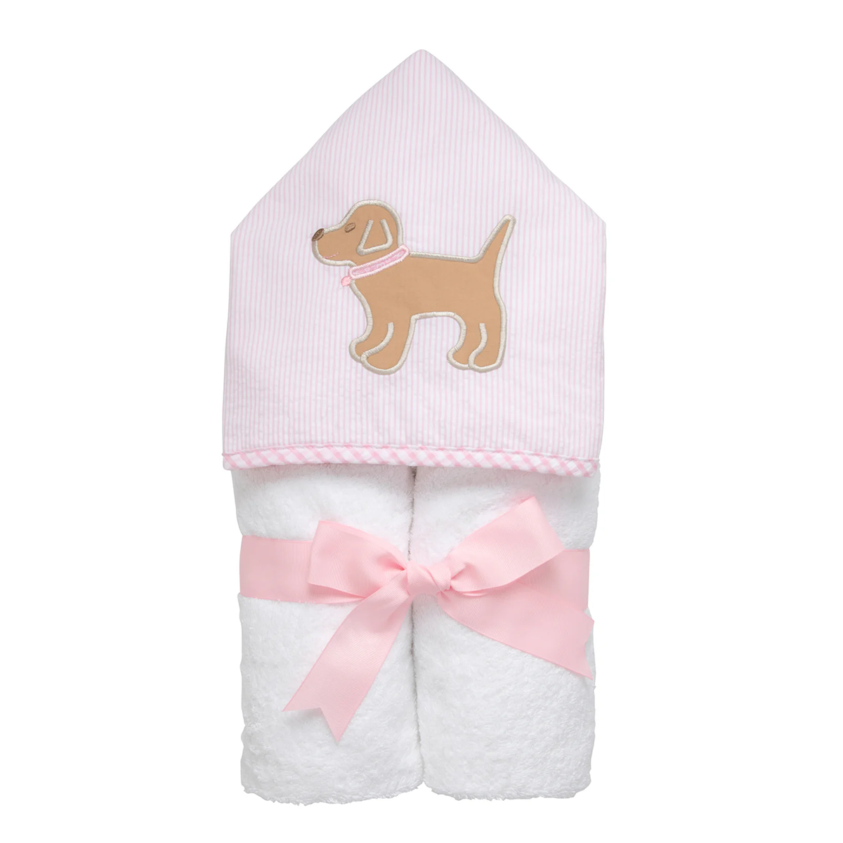 Kids hooded towel with hood and puppy dog applique on a pink stripe seersucker background