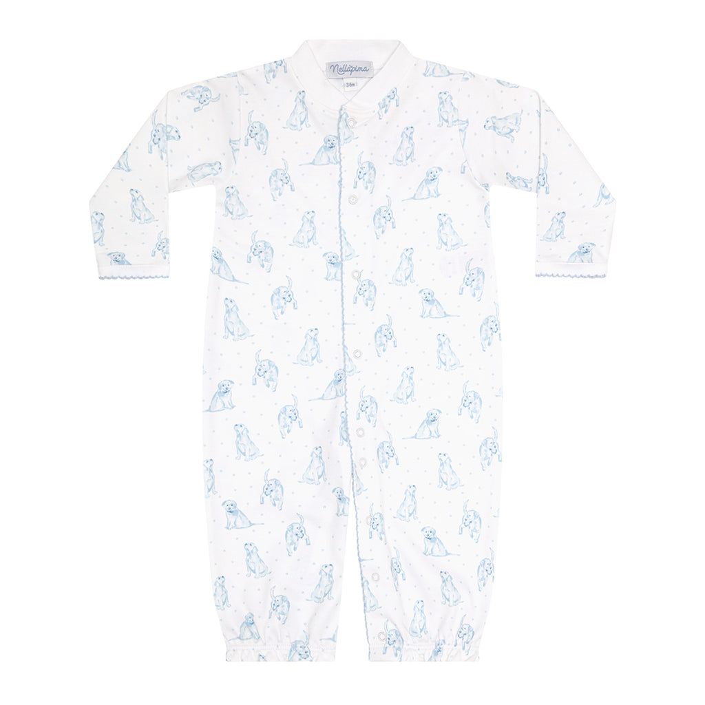 Baby boy's white converter gown in a blue puppy dog print with a white collar.