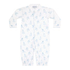 Baby boy's white converter gown in a blue puppy dog print with a white collar.
