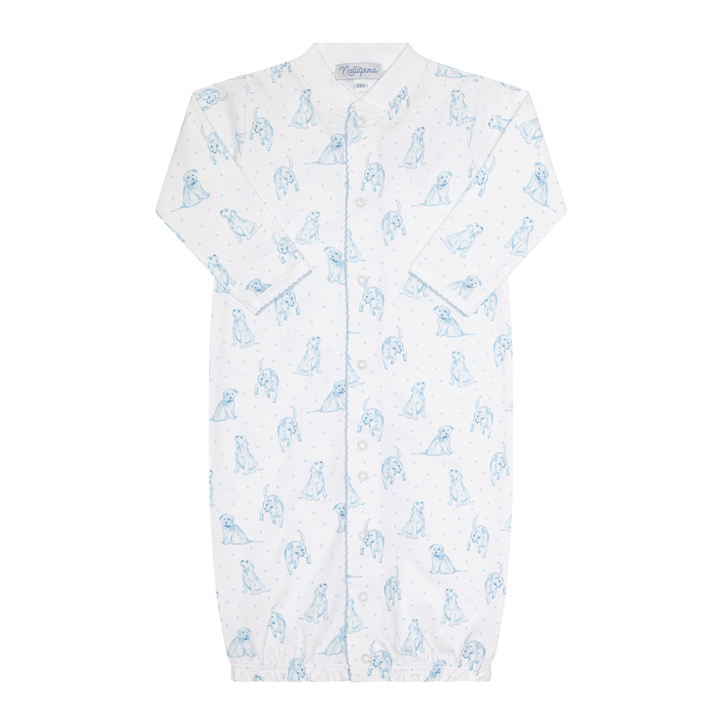 Baby boy's white converter gown in a blue puppy dog print with a white collar.