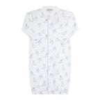 Baby boy's white converter gown in a blue puppy dog print with a white collar.
