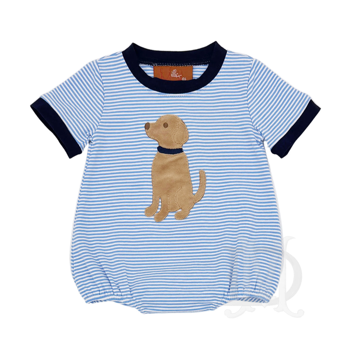 Blue and white striped baby boy bubble with short sleeves, navy blue trim, and a tan puppy dog applique.