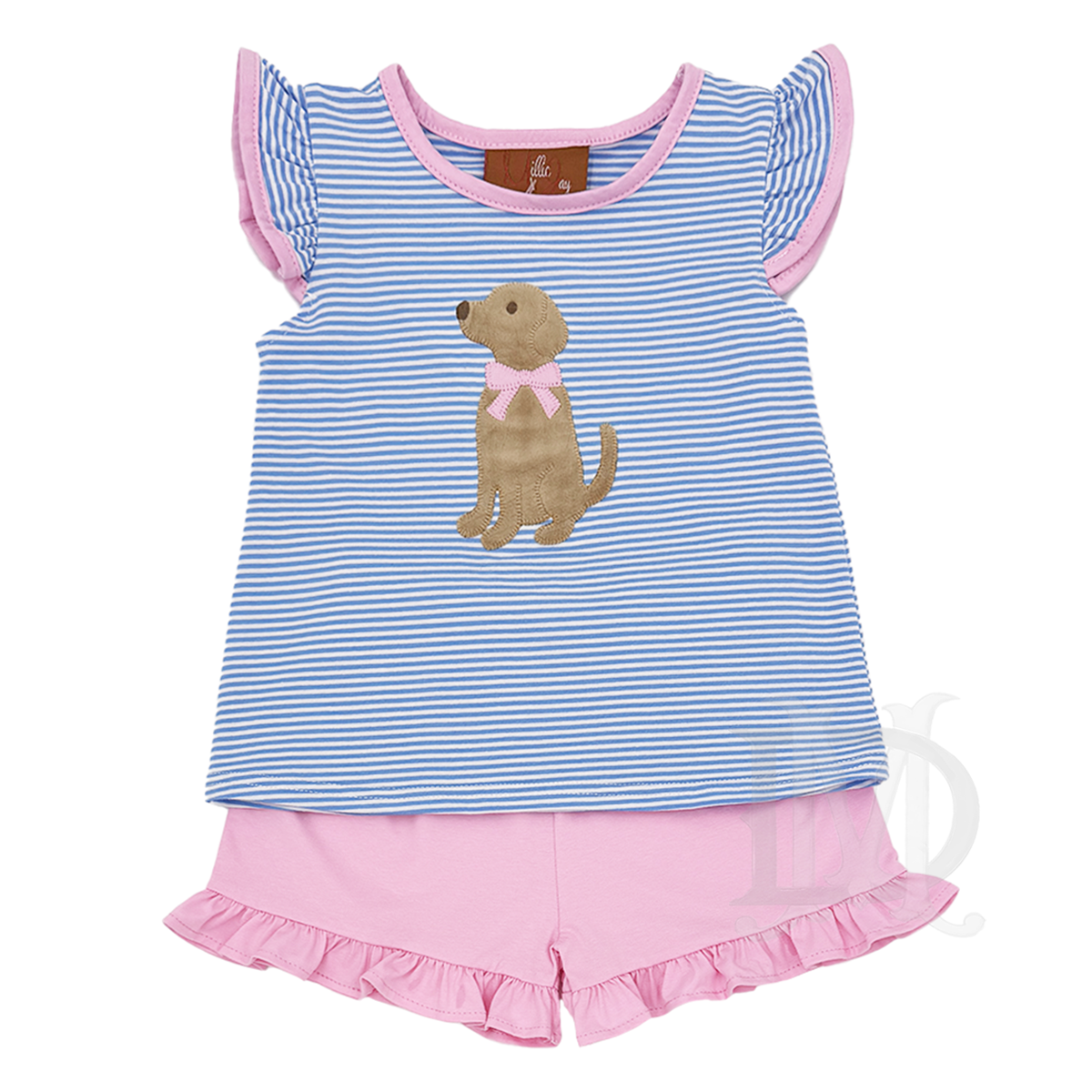 Girls shorts outfit with pink ruffled shorts paired with a blue stripe flutter sleeve shirt that has pink trim and a tan puppy dog applique.