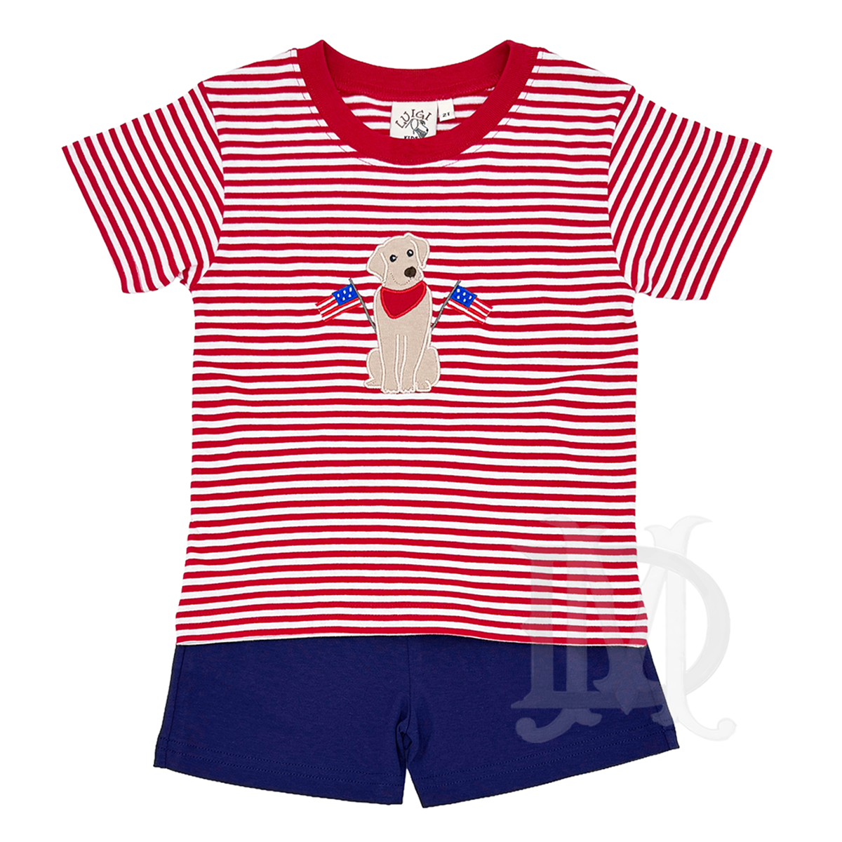 Boys patriotic red and white striped t-shirt with a retriever puppy dog applique waving American flags paired with blue shorts
