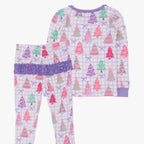 A two-piece girls' pajama set featuring a long-sleeve top and matching pants with a purple and white gingham pattern, decorated with colorful Christmas tree prints in pink, green, and purple, and finished with a purple ruffle waistband.