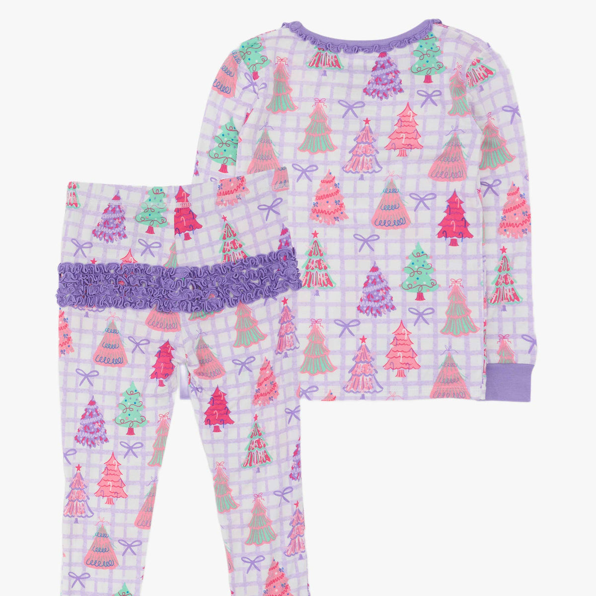 A two-piece girls' pajama set featuring a long-sleeve top and matching pants with a purple and white gingham pattern, decorated with colorful Christmas tree prints in pink, green, and purple, and finished with a purple ruffle waistband.